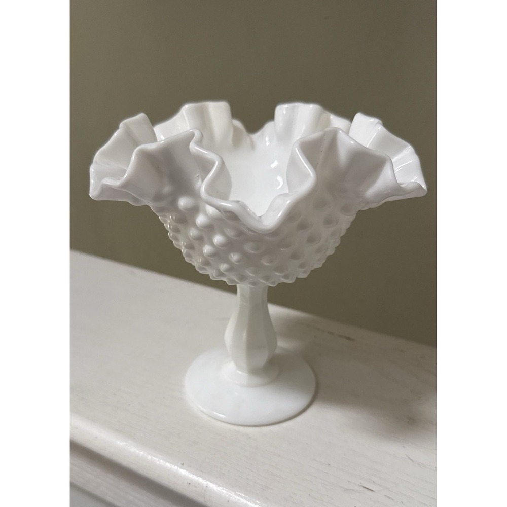 White Hobnail Fenton Milk Glass Compote with Ruffled Rim Pedestal Base 6"